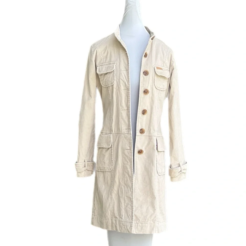 Tommy Jeans Vintage Velvet Trench  Coat Khaki Cream  Med Cute Great Condition - Picture 2 of 14